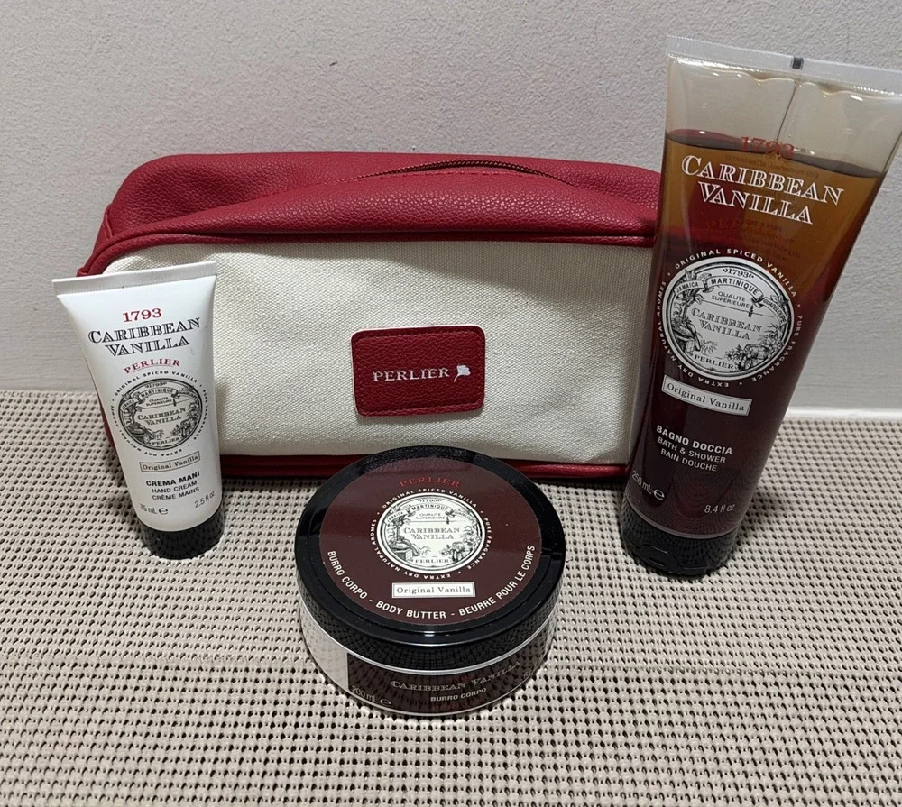PERLIER Caribbean Vanilla 3-Piece Bath & Body Gift Set Cosmetic Bag NEW